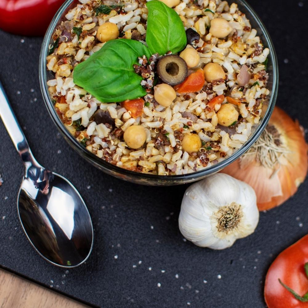 Mediterranean Garden Bowl prepared in a clear bowl